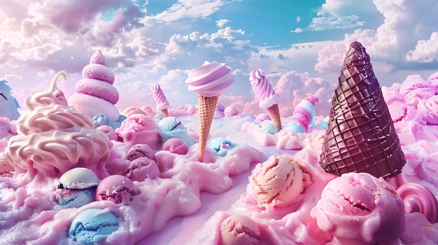 Vibrant candyland landscape with colorful ice cream and clouds against a surreal sky