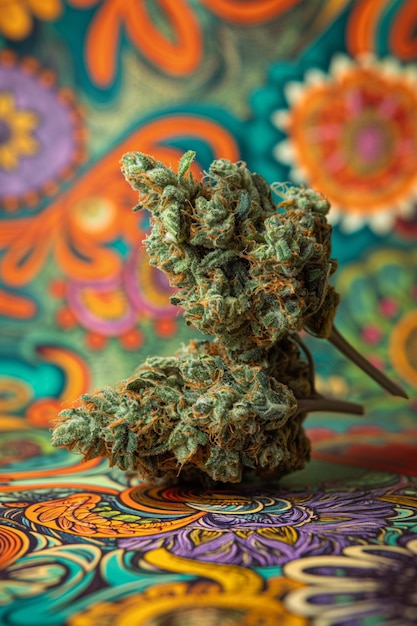 Photo vibrant cannabis bud against a psychedelic floral backdrop rich in detail