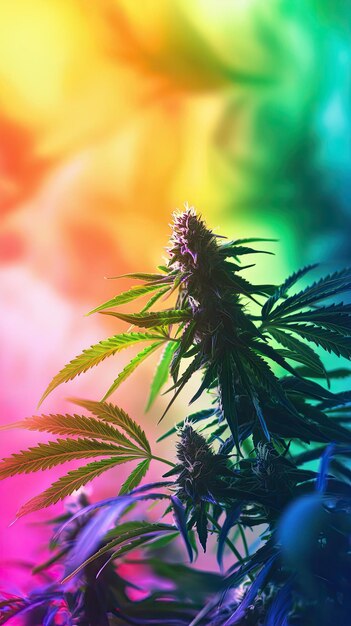 A vibrant cannabis plant stands out against colorful rainbow background showcasing its lush green leaves and intricate buds lively colors evoke sense of joy and creativity