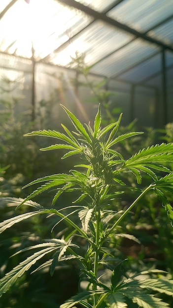 A vibrant cannabis plant thrives in greenhouse illuminated by warm sunlight streaming through glass lush green leaves glisten showcasing plants health and vitality