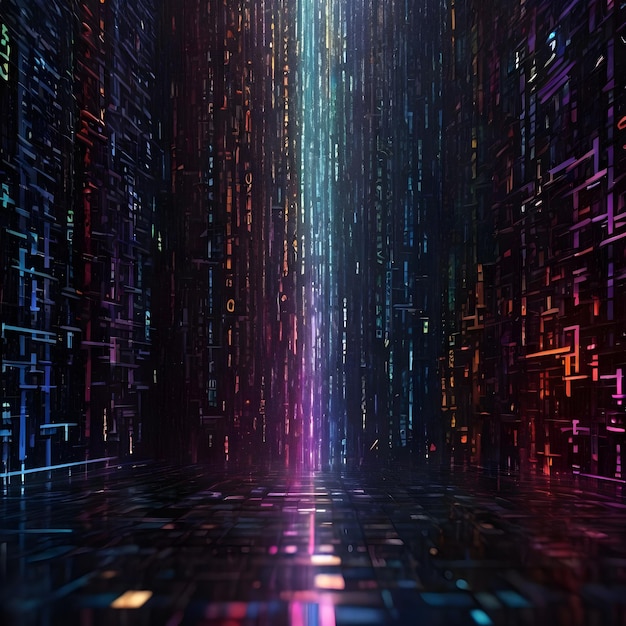 A vibrant canvas illuminated by a cascade of dark colorful binary code