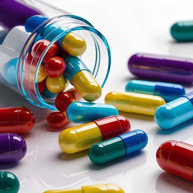 Vibrant Capsules and Tablets in Motion A Colorful Array Against White Background