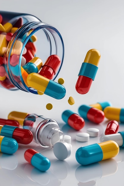 Vibrant Capsules and Tablets in Motion A Colorful Array Against White Background