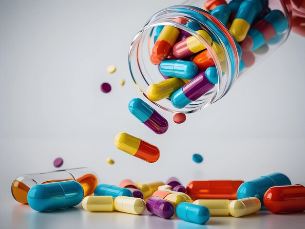 Vibrant Capsules and Tablets in Motion A Colorful Array Against White Background