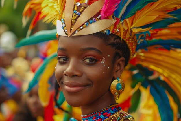 Vibrant Carnival Queen Smiling in Colorful Costume