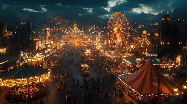 A vibrant carnival scene filled with lights and attractions