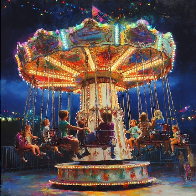 A vibrant carousel with colorful lights and joyful children enjoying the ride