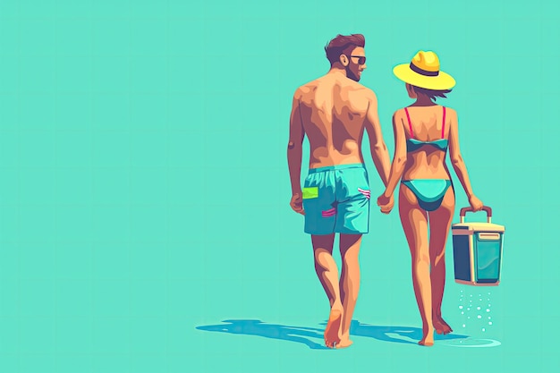 A vibrant cartoon 2D illustration of a couple in swimwear holding hands and carrying a cooler