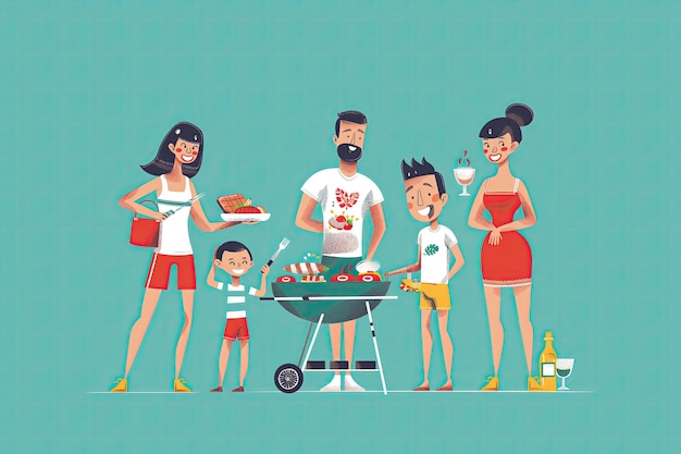 A vibrant cartoon 2D illustration of a family having a barbecue with a grill food and cheerful