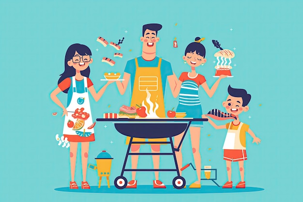 A vibrant cartoon 2D illustration of a family having a barbecue with a grill food and cheerful