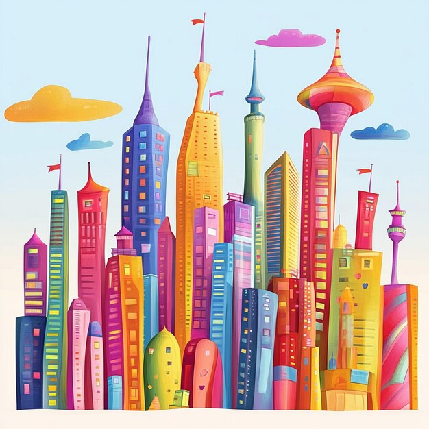 Photo vibrant cartoon city skyline painting