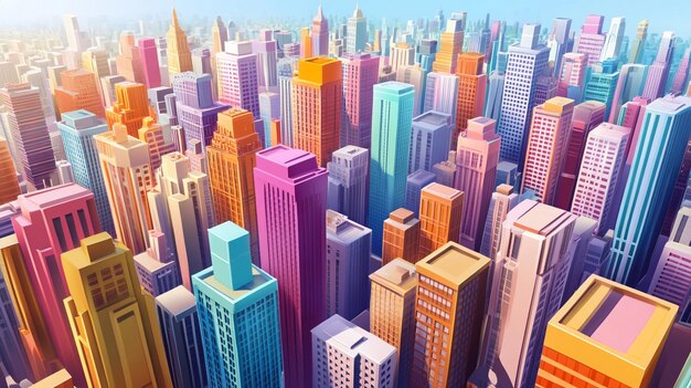 Photo vibrant cartoon cityscape illustration with tall buildings