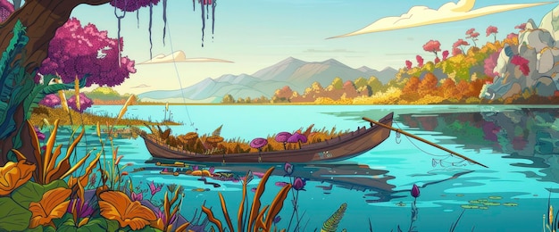 Vibrant Cartoon Depiction Of Fishing In An Indian Lake Cartoon style