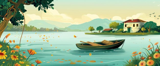 Vibrant Cartoon Depiction Of Summer Fishing In An Indian Lake Cartoon style