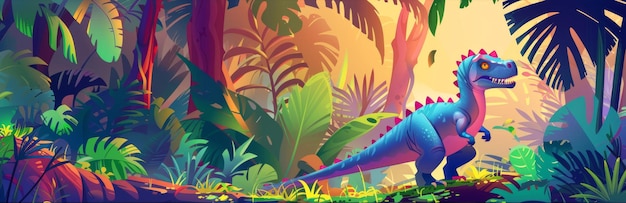 Photo vibrant cartoon dinosaur in a lush jungle a colorful cartoon dinosaur in a lush jungle captur