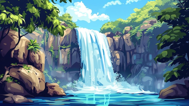 Vibrant cartoon landscape of a waterfall in a lush green forest