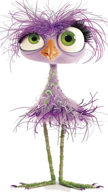 Vibrant cartoon ostrich with big eyes and purple feathers