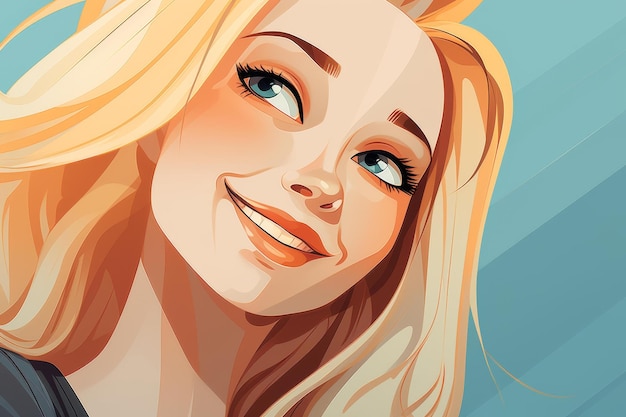 Vibrant cartoon portrait of a smiling blonde girl with long hair on a colorful background