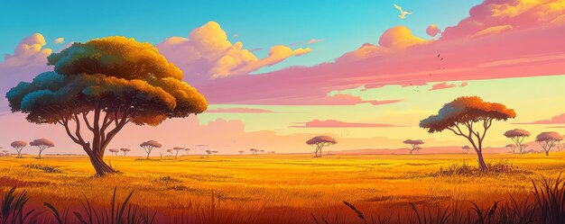 Photo a vibrant cartoon savanna landscape with wide open plains scattered acacia trees and a colorful