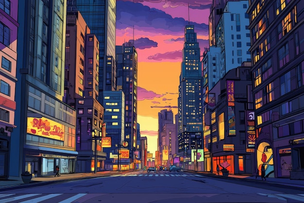 Photo a vibrant cartoon style city background with skyscrapers and sunset