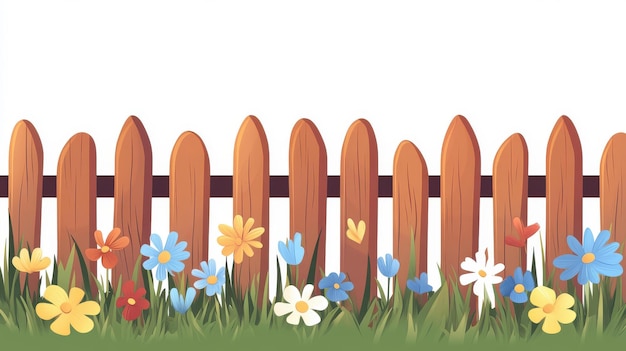 A vibrant cartoon style design featuring a wooden fence adorned with lush grass