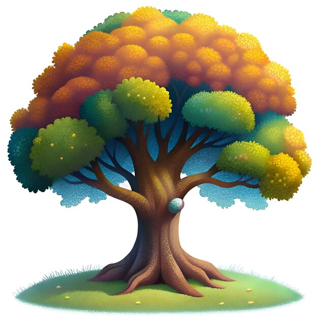 Photo a vibrant cartoon style illustration of a large leafy tree with a thick trunk and intricate roots