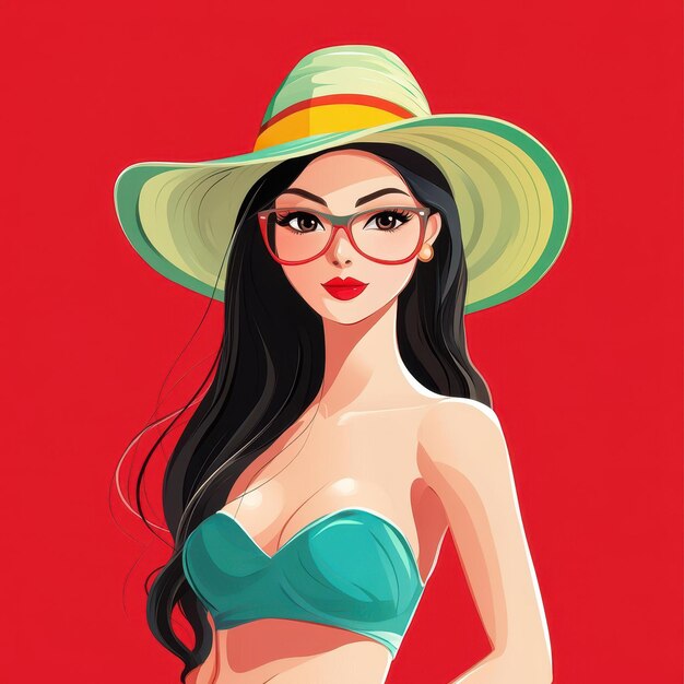 Photo a vibrant cartoon of a stylish woman in a beach outfit against a bright red background perfect