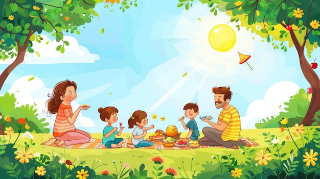 Vibrant cartoon vector of a family having a picnic in a park with a spread of food kids playing frisbee and a clear blue sky Generative AI