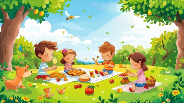 Vibrant cartoon vector of a family having a picnic in a park with a spread of food kids playing frisbee and a clear blue sky Generative AI