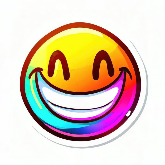 A vibrant cartoonstyle smile sticker with a glossy finish and a rainbow of colors