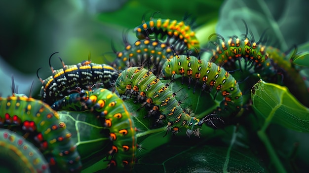 Vibrant Caterpillars Feasting on Lush Foliage in Dynamic Natural Environment