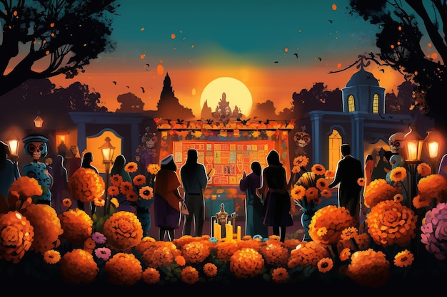 vibrant celebration of the Day of the Dead families gather to honor and remember their departed loved ones Elaborate altarsGenerated with AI