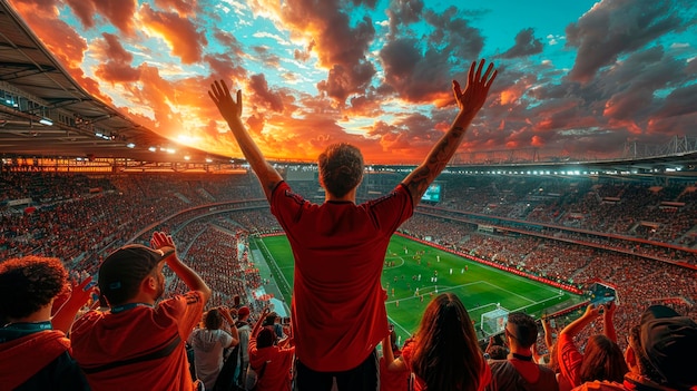 Vibrant celebration spanish fans cheer and celebrate in stadium stands during soccer game capturing passion and excitement of devoted supporters reveling in thrilling atmosphere