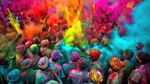 Photo a vibrant celebration with colorful powder thrown in the air capturing the energy and joy of a festival