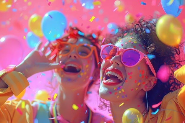 Photo vibrant celebration with joyful friends surrounded by colorful confetti and balloons