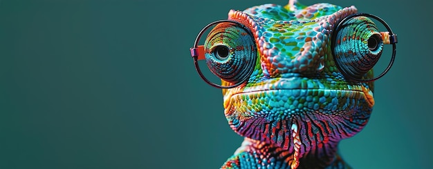 Photo vibrant chameleon in glasses colorful documentary editorial photography in a playful cinematic style