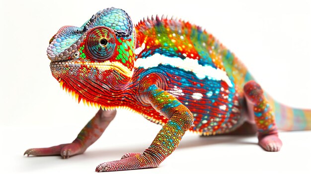 A vibrant chameleon with colorful scales on a white background