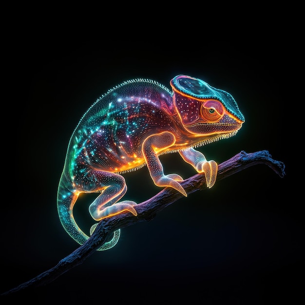 Photo a vibrant chameleon with glowing colors perched on a branch