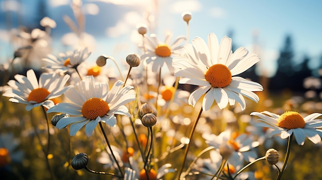 Vibrant chamomile blossoms in uncultivated meadow under summer