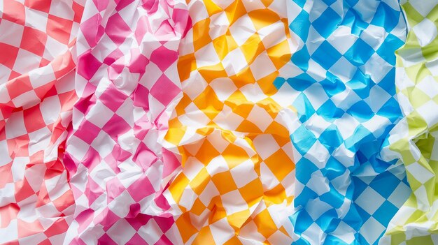 A vibrant checkered pattern in pink orange blue and green crumpled for a playful and textured visual