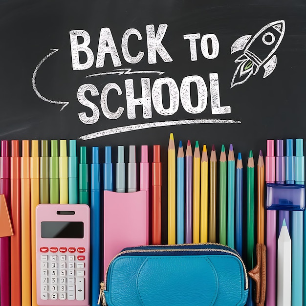 A vibrant cheerful backtoschool illustration with neatly arranged colorful school supplies