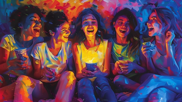 Vibrant and Cheerful Friend Group Enjoying a Cozy Movie Night Together