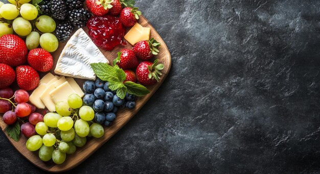 Photo a vibrant cheese platter with fruits and jam arranged on a rustic wooden board