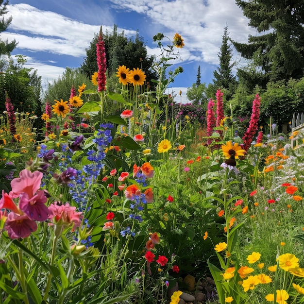 A Vibrant Childrens Garden Bursting with Colorful Snapdragons Sweet Peas and Towering Sunflowers