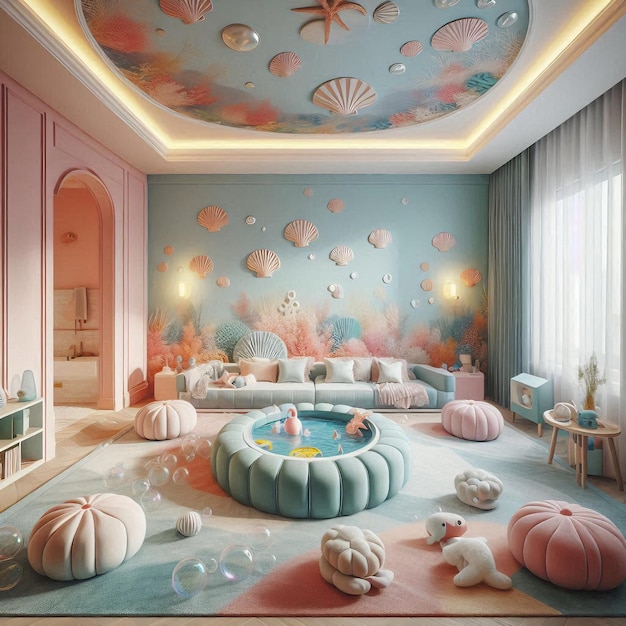 A vibrant childrens room with an ocean theme featuring colorful decor and playful elements