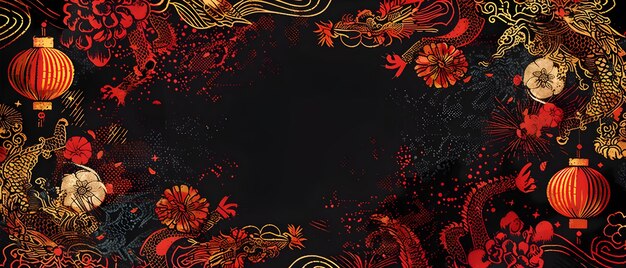 Vibrant Chinese New Year Background with Abstract Patterns of Lanterns Dragons and Fireworks in Striking Red Gold and Black Tones Leaving a Blank