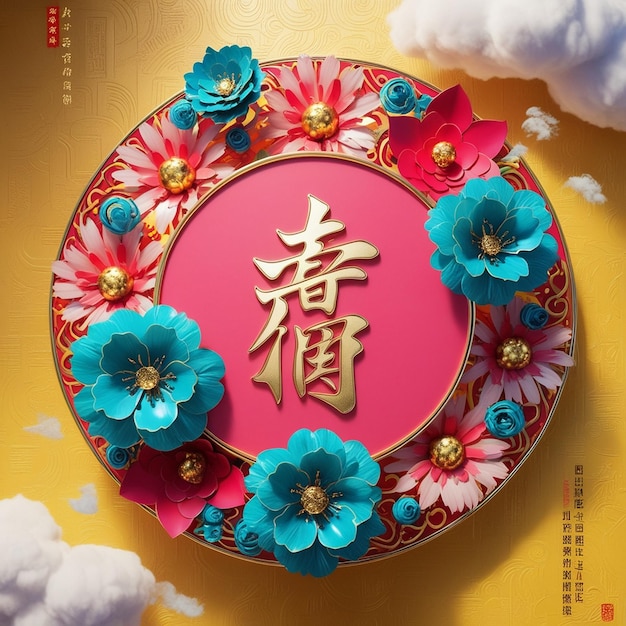 Vibrant Chinese New Year Design with Floral Motifs and Golden Elements