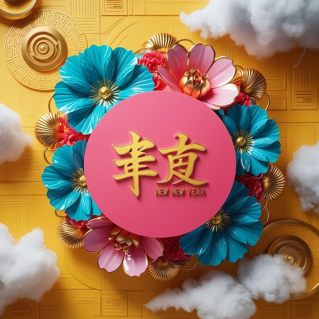 Vibrant Chinese New Year Design with Floral Motifs and Golden Elements