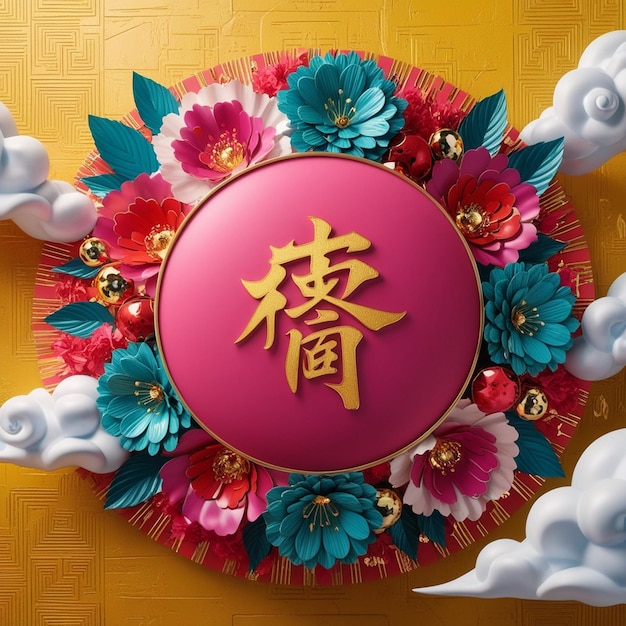 Vibrant Chinese New Year Design with Floral Motifs and Golden Elements