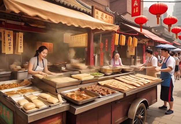 Vibrant Chinese Street Food Scene with Skewered Meats and Jianbing